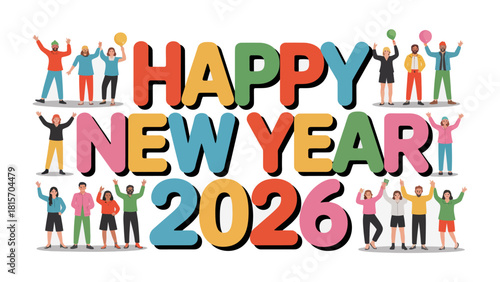 Celebration of New Beginnings: A vibrant and diverse gathering of individuals joyfully celebrate the arrival of the New Year 2026. This festive illustration encapsulates the spirit of unity and hope.
