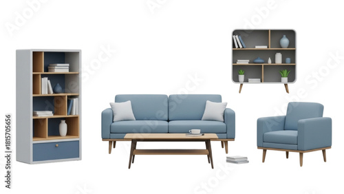 Set of stylish modern living room furniture with blue sofa and armchair isolated on white