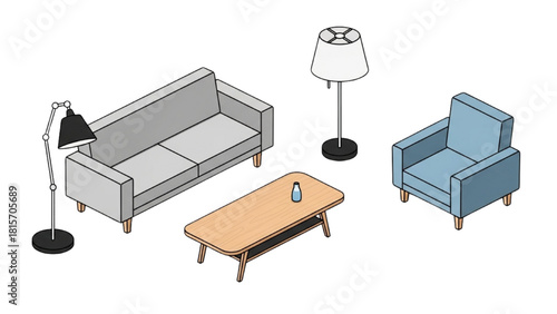 Isometric illustration of a modern living room furniture set with a sofa, armchair, and lamps on a white background