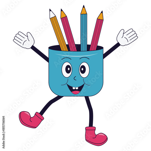 Groovy School Equipment Cartoon Character. Isolated Vector Illustration