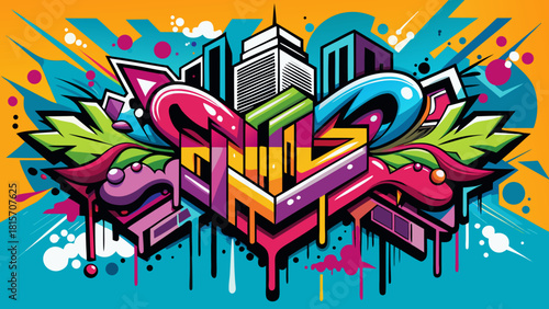 Urban pop art vector design, colorful abstract pattern with spray paint textures, hand-drawn graffiti details, bold expressive wall art look