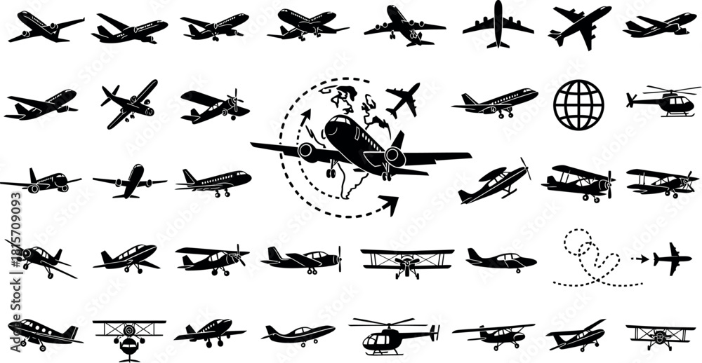 Fototapeta premium Aircraft Icon Vector Set, Airplane Illustration Signs, Plane Symbol and Logo Collection, Aviation Iconography