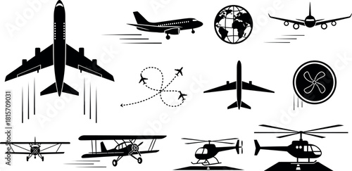 Aircraft Icon Vector Set, Airplane Illustration Signs, Plane Symbol and Logo Collection, Aviation Iconography