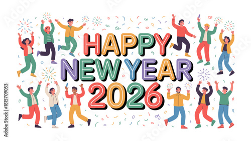 Celebratory New Year 2026: An illustration captures the exuberance of a diverse group celebrating the new year with jubilant energy, amidst confetti and fireworks.