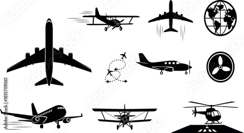 Aircraft Icon Vector Set, Airplane Illustration Signs, Plane Symbol and Logo Collection, Aviation Iconography