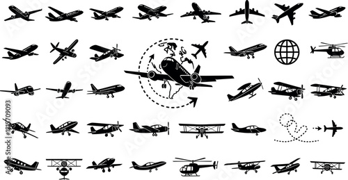Aircraft Icon Vector Set, Airplane Illustration Signs, Plane Symbol and Logo Collection, Aviation Iconography