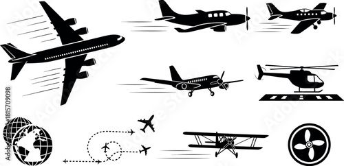 Aircraft Icon Vector Set, Airplane Illustration Signs, Plane Symbol and Logo Collection, Aviation Iconography