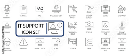 vector icon set for IT support, technical assistance, and troubleshooting services. Includes icons for FAQ, error, cloud, and network.
