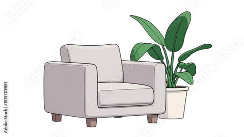Illustration of a comfortable armchair next to a vibrant potted plant, perfect for minimalist home decor