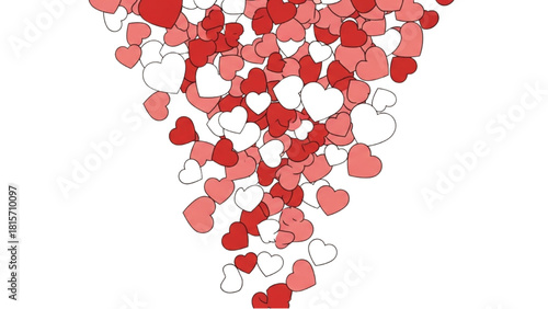 A delightful cascade of vibrant red and delicate pink and white hearts falling gracefully, symbolizing love, romance, and heartfelt affection