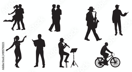 Diverse collection of human silhouettes engaged in various leisure and lifestyle activities, from dancing and playing music to cycling and reading, isolated on a white background.