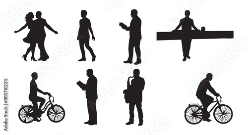 A diverse collection of isolated black vector silhouettes showing people in various lifestyle activities like dancing, cycling, reading, and playing music. Perfect for graphic design and conceptual pr