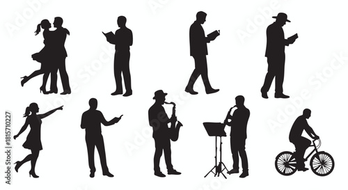 Diverse Silhouettes Couples Dancing, Individuals Reading, Musicians Playing, and Cyclist in Black and White