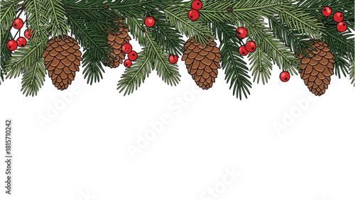Christmas holiday border with pine branches, cones, and red berries