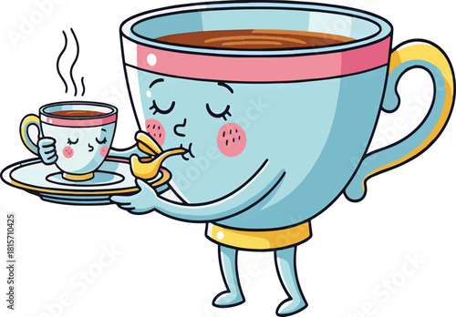 Cute Cartoon Coffee Cup Drinking Tiny Coffee Cup