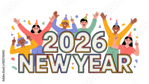 Cheers to 2026: A vibrant and diverse group of individuals celebrate the arrival of the New Year, filled with anticipation and joy, adorned with party hats.