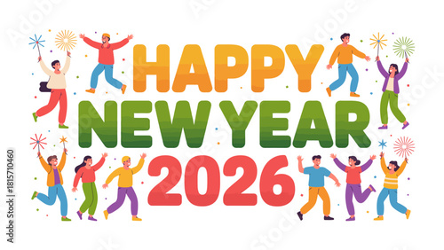 New Year's Eve Festivities: Cheerful figures come together to welcome the new year with joyful celebrations. The vibrant illustration captures the anticipation and excitement of the occasion.