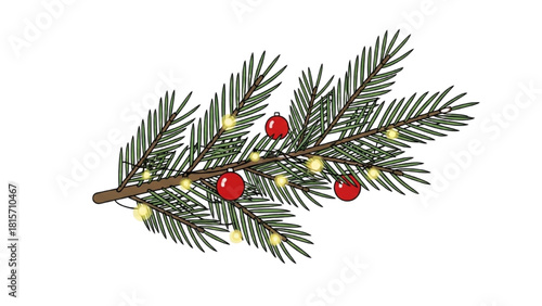 Festive Christmas tree branch adorned with baubles and string lights