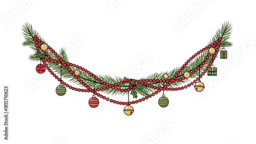Festive Holiday Garland Decoration with Baubles, Berries, and Pine Needles