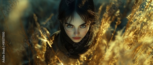 A close-up of a girl among wildflowers. Illustration on the theme of humanity and nature, cinema, and film.