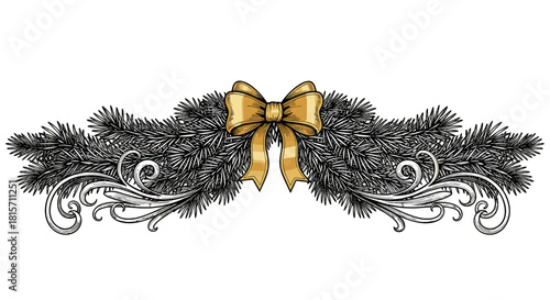 Festive Ornament: A decorative element features a golden bow and evergreen boughs with intricate flourishes, adding a touch of elegance and celebration.