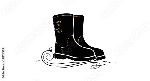 Elegant Boots Illustration: A pair of sleek, black boots stand gracefully, complemented by intricate ornamental flourishes, exuding a sense of refined style and understated luxury.
