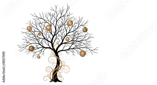 Tree of Ornaments: An artistic illustration of a stylized tree adorned with golden ornaments, showcasing a blend of nature and elegance.