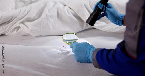 Bild auf Leinwand Man Inspecting Hotel Mattress For Bedbug Infestation
