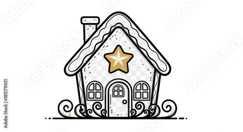 Gingerbread House Illustration: A delightful illustration of a festive gingerbread house, meticulously crafted with intricate icing details and a golden star centerpiece.
