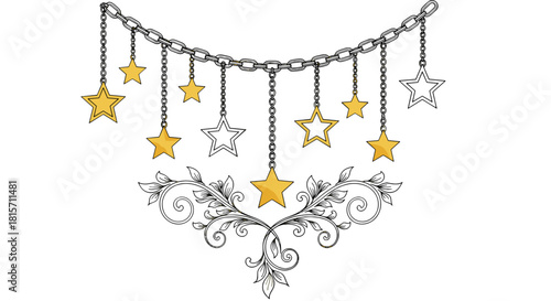 Celestial Adornment: An exquisite illustration featuring golden and silver stars suspended from a delicate chain, complemented by intricate floral elements, creating a captivating design.