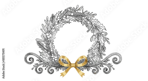 Festive Wreath: A classic holiday wreath design, intricately decorated with seasonal foliage and adorned with a gleaming gold bow, captures the essence of winter celebrations and festive spirit.