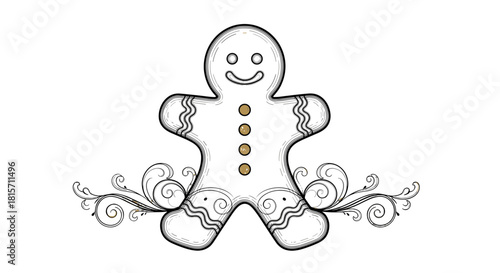 Gingerbread Man Illustration: A charming gingerbread man with an intricately decorated body and a warm, inviting smile, is delicately framed with an artistic ornamental design.