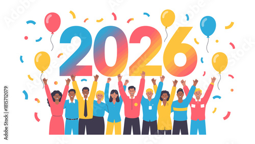 Celebration of the Year 2026: A vibrant and diverse group of individuals celebrate the arrival of the year 2026 with joyful energy, surrounded by colorful balloons and confetti.