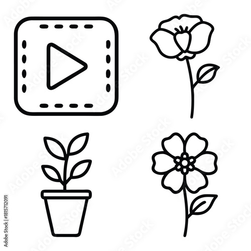Collection of Four Outline Icons Representing Media and Nature: Video Play Button Frame, Two Different Flowering Plants, and Potted Seedling