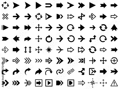 A large collection of diverse black arrow icons featuring solid, outlined, curved, circular, directional, and navigation symbols designed for infographics, digital interfaces, and graphic design