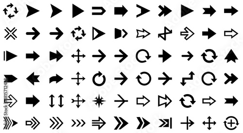 A comprehensive collection of black arrow icons featuring solid and outlined styles, including directional arrows, navigation symbols, rotation icons, and interface pointers designed for versatile UI 