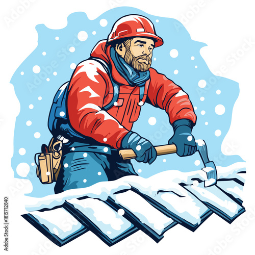 Illustration of a winter roofer holding a hammer and snowy tiles focusing on cold weather construction work , vector style simple color