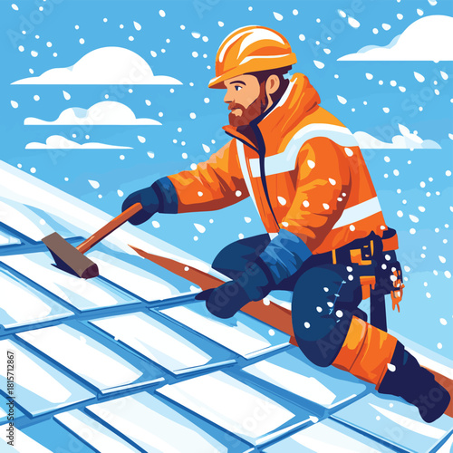 Illustration of a winter roofer holding a hammer and snowy tiles focusing on cold weather construction work , vector style simple color