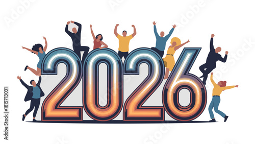 Celebration of the Year 2026: A vibrant illustration showcasing a diverse group of individuals joyfully celebrating the upcoming year 2026, embracing a sense of collective anticipation and excitement.