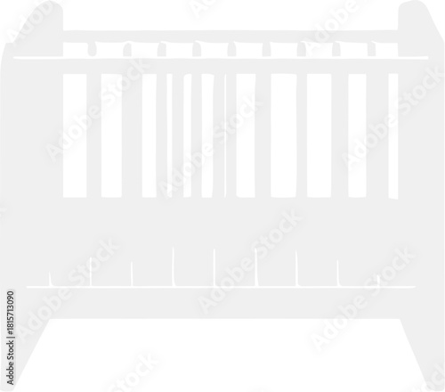 Simple white silhouette icon of a baby crib furniture.