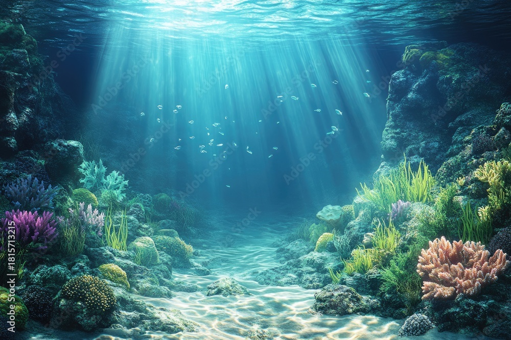 Naklejka premium Stunning underwater scene with vibrant coral reefs, schools of fish, and sun rays piercing through the clear blue ocean depths.