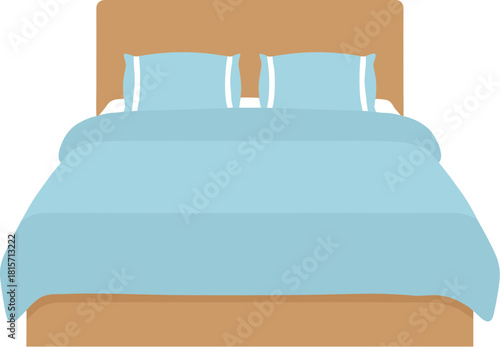 Simple flat vector illustration of a double bed with blue bedding.