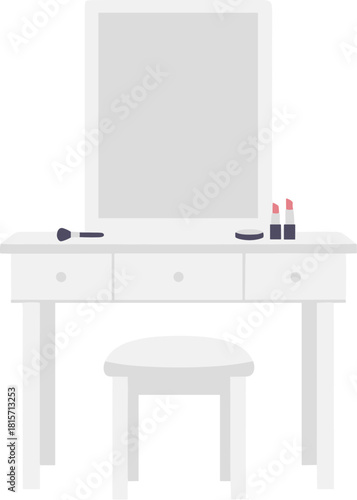 White vanity dressing table with mirror stool and cosmetics.