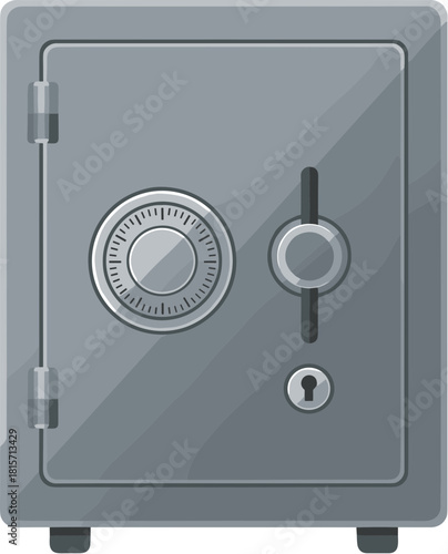 Grey metal bank safe with a combination lock and handle.