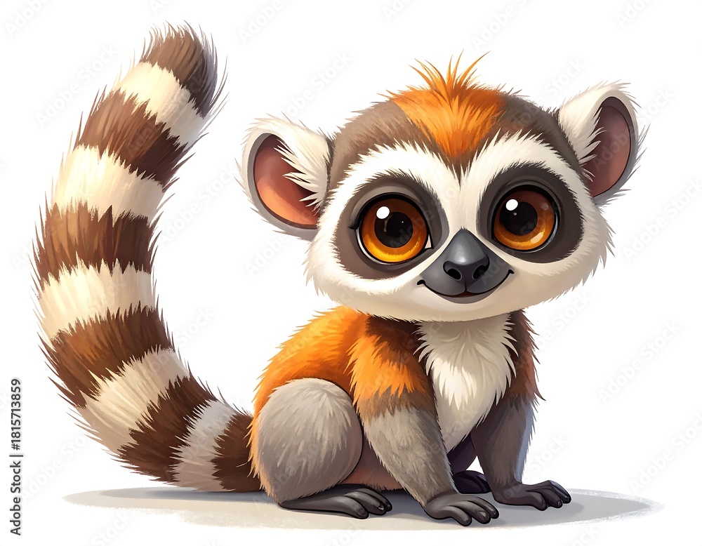 Obraz premium Cute cartoon lemur sitting down, big eyes, striped tail, orange-brown fur, white background