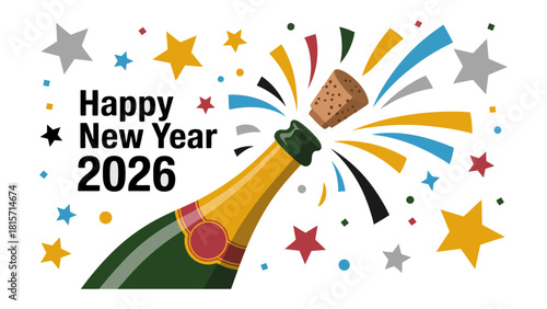 New Year 2026 Celebration: Sparkling champagne bottle bursts open, the cork popping amidst a shower of confetti, heralding the arrival of a joyful new year.