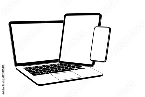 Composition blank gadgets (smartphone, notebook, tablet, laptop) in various positions. 3D realistic device in perspective and isometric view. Vector Mockups Gadgets