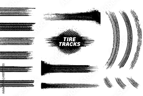Tire tread marks, isolated wheel texture, tire marks - drift, rally, races, off-road, motocross. Vector isolated texture with grunge effect, splashes. Black monochrome tread prints. Vector graphic set