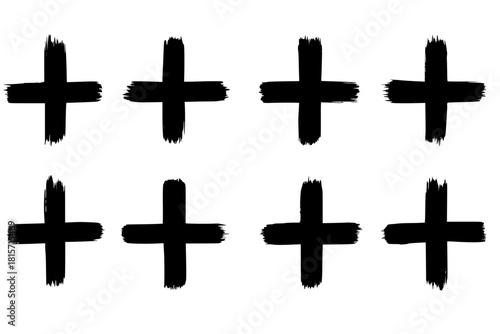A collection of plus signs in grunge style. 8 highly detailed and different crosses. High quality manually traced. Plus black isolated on white background, vector illustration.