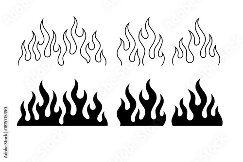 Classic silhouette flame. Black fire set isolated on white background. Old school tattoo neo-tribal style or silhouette flame for cars. Minimalistic stylish fire outline and filled contour. Vector set